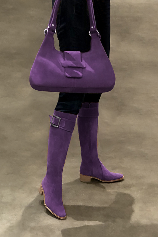 Amethyst purple women's riding knee-high boots. Round toe. Low leather soles. Made to measure. Worn view - Florence KOOIJMAN